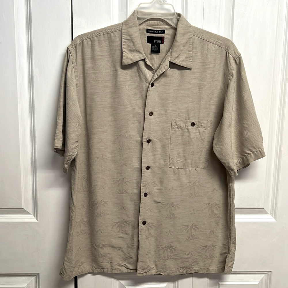 Utopia Light Green Tropical Print Short Sleeve Pocket Silk Shirt Size L